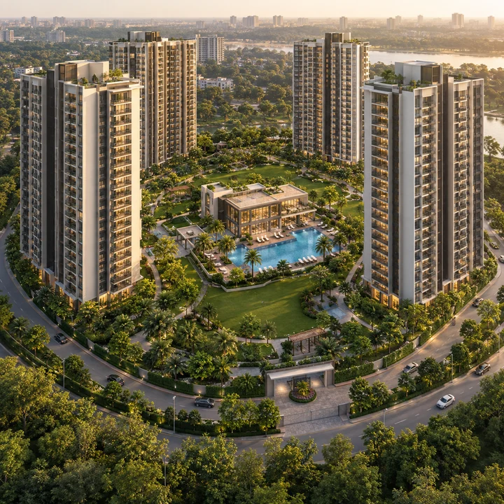 Prestige Falcon City Reserve aerial view of towers around a central garden, artist's impression Prestige Falcon City Reserve aerial view of towers around a central garden, artist's impression