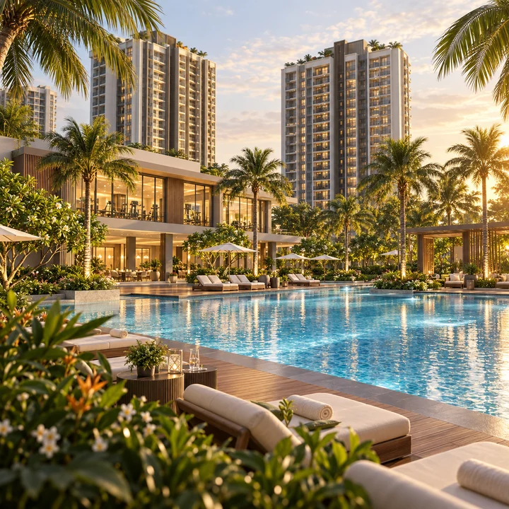 Prestige Falcon City Reserve resort-style swimming pool and sun deck, artist's impression Prestige Falcon City Reserve resort-style swimming pool and sun deck, artist's impression